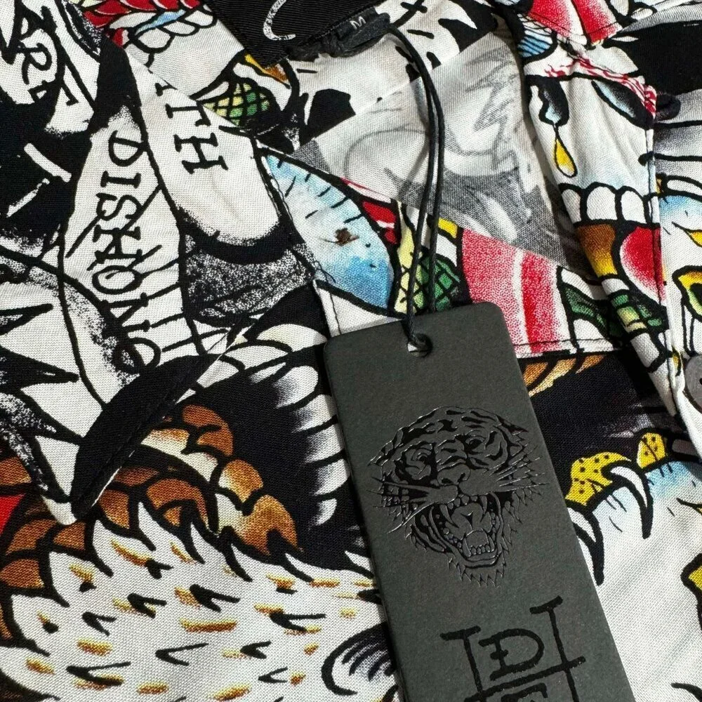 Ed Hardy Death before Dishonor Camp Button Up, New, Size Medium